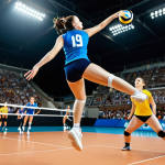 **Image Prompt:** A dynamic volleyball match scene, focusing on a player executing a powerful jump serve. The player is mid-air, arm extended, hitting the ball with force. The background includes a blurred image of the opposing team and stadium lights, conveying the intensity of the game. The color palette should be vibrant, emphasizing the athleticism and energy of the sport.
