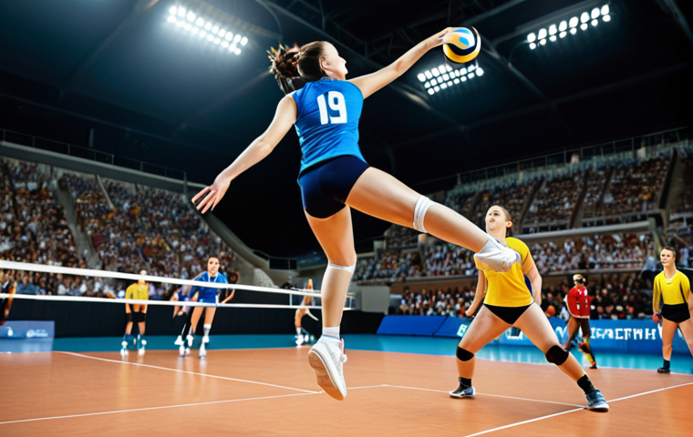 **Image Prompt:** A dynamic volleyball match scene, focusing on a player executing a powerful jump serve. The player is mid-air, arm extended, hitting the ball with force. The background includes a blurred image of the opposing team and stadium lights, conveying the intensity of the game. The color palette should be vibrant, emphasizing the athleticism and energy of the sport.