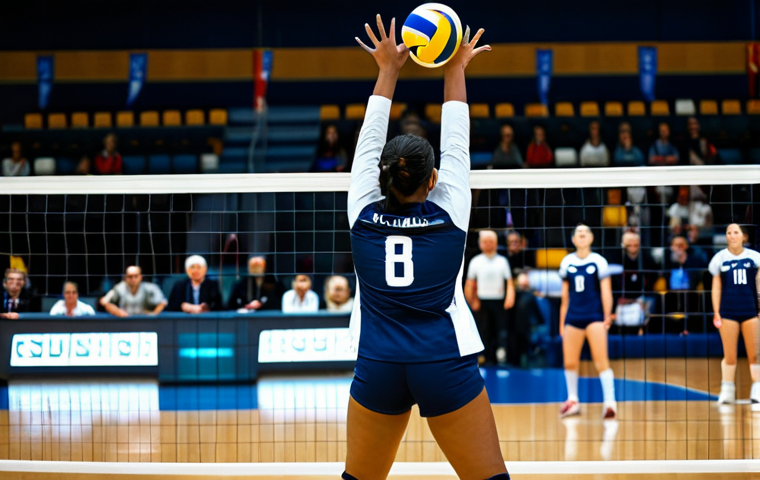 A professional female indoor volleyball player in a modest, dark blue and white team uniform, including athletic shorts, a jersey, and knee pads, mid-action, powerfully spiking a volleyball over the net. She is captured in a dynamic, athletic pose on a polished wooden court in a brightly lit indoor sports arena. The background shows blurred spectators in the stands, creating a sense of energy and scale. Fully clothed, appropriate attire, safe for work, professional dress, perfect anatomy, correct proportions, natural pose, well-formed hands, proper finger count, natural body proportions, high-quality sports photography.