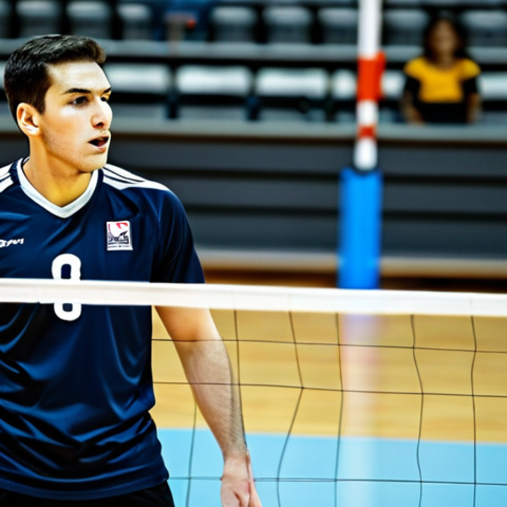 A professional male volleyball setter, mid-action on a brightly lit indoor volleyball court. He is fully clothed in a modest, dark-colored professional team uniform. His expression is intensely focused and strategic, his eyes scanning the court, demonstrating exceptional game-reading ability and decision-making. He is positioned near the net, with a volleyball in his hands, ready to execute a precise set. The background shows a blurred but recognizable modern volleyball arena with spectators. The image is captured with professional sports photography, high detail, perfect anatomy, correct proportions, natural pose, well-formed hands, proper finger count, natural body proportions. safe for work, appropriate content, fully clothed, professional, modest, family-friendly.