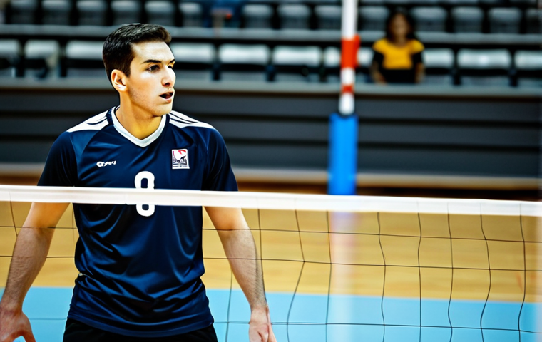 A professional male volleyball setter, mid-action on a brightly lit indoor volleyball court. He is fully clothed in a modest, dark-colored professional team uniform. His expression is intensely focused and strategic, his eyes scanning the court, demonstrating exceptional game-reading ability and decision-making. He is positioned near the net, with a volleyball in his hands, ready to execute a precise set. The background shows a blurred but recognizable modern volleyball arena with spectators. The image is captured with professional sports photography, high detail, perfect anatomy, correct proportions, natural pose, well-formed hands, proper finger count, natural body proportions. safe for work, appropriate content, fully clothed, professional, modest, family-friendly.