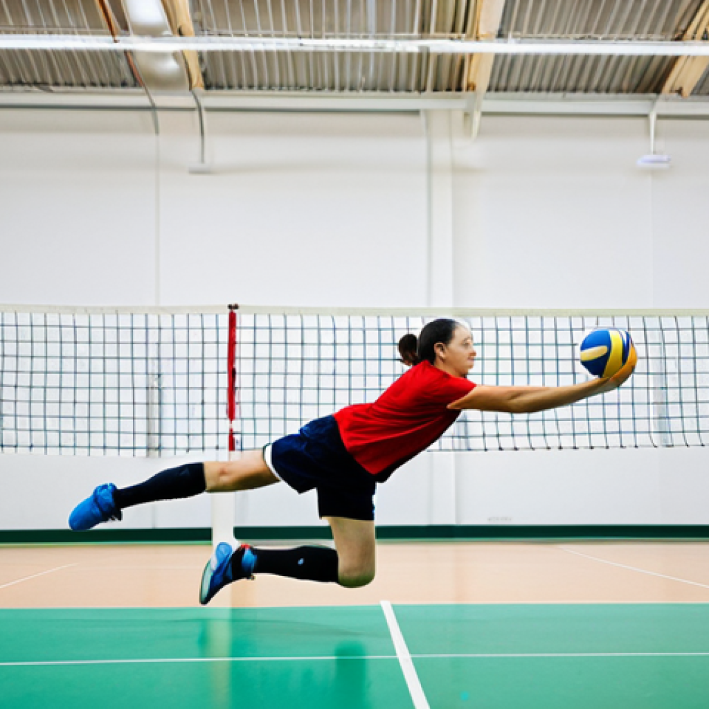 A professional adult volleyball player in a dynamic action pose on an indoor volleyball court. The player is fully clothed in a modest, high-performance athletic uniform, including a breathable jersey and shorts, with visible knee pads and modern volleyball shoes designed for agility and cushioning. The background shows a clean, well-lit indoor court with the net in the distance. The image emphasizes perfect anatomy, correct proportions, natural pose, well-formed hands, and proper finger count. Professional photography, high quality, safe for work, appropriate content, fully clothed, modest clothing, family-friendly.