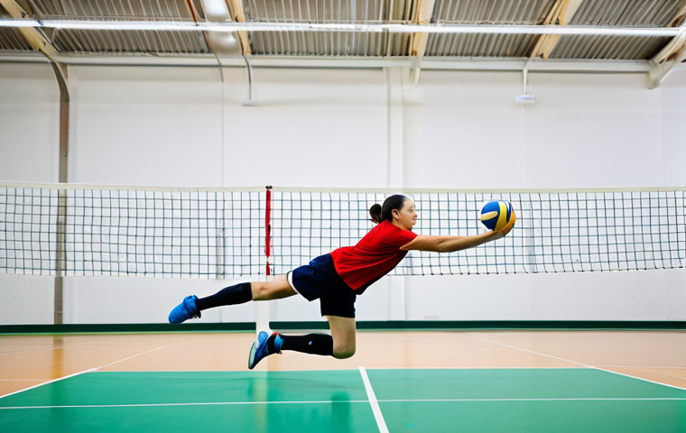 A professional adult volleyball player in a dynamic action pose on an indoor volleyball court. The player is fully clothed in a modest, high-performance athletic uniform, including a breathable jersey and shorts, with visible knee pads and modern volleyball shoes designed for agility and cushioning. The background shows a clean, well-lit indoor court with the net in the distance. The image emphasizes perfect anatomy, correct proportions, natural pose, well-formed hands, and proper finger count. Professional photography, high quality, safe for work, appropriate content, fully clothed, modest clothing, family-friendly.
