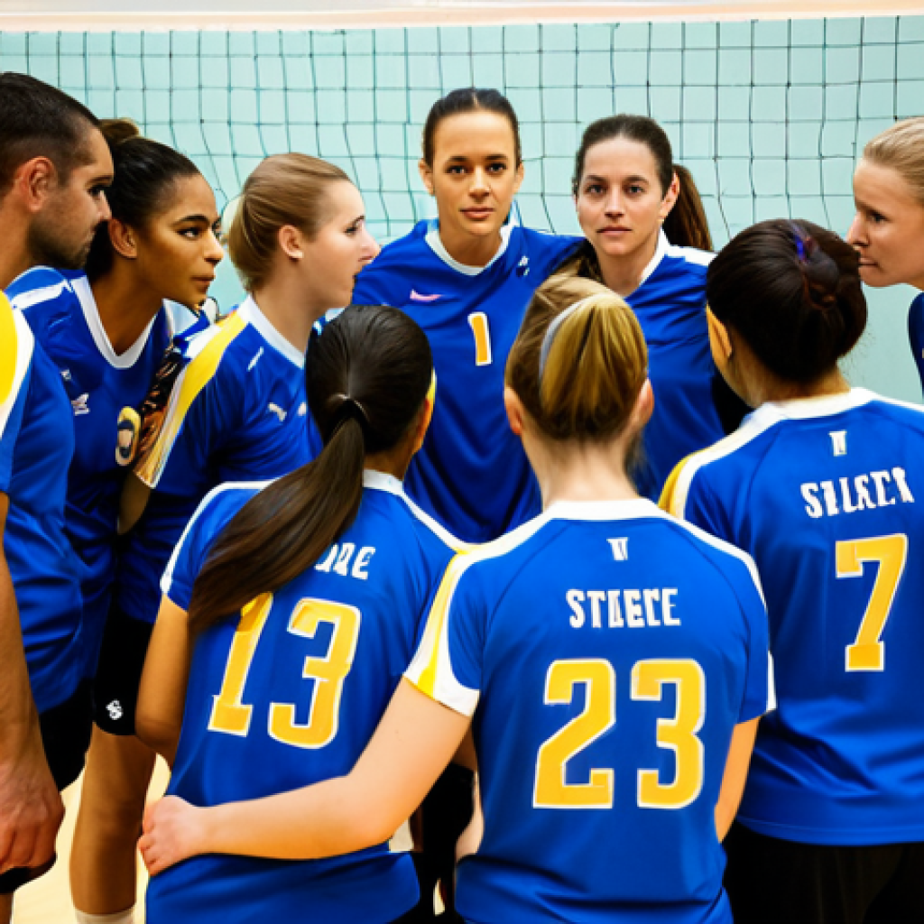 Team Huddle - Communication & Strategy**

"A diverse group of fully clothed volleyball players in matching team uniforms huddling closely together on a brightly lit indoor court during a break in a match, safe for work, appropriate content, coach pointing to a whiteboard with tactical diagrams, demonstrating teamwork and strategy, faces showing determination and focus, perfect anatomy, correct proportions, natural pose, professional sports photography, modest clothing, family-friendly scene."

**