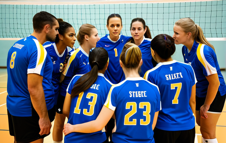 Team Huddle - Communication & Strategy**

"A diverse group of fully clothed volleyball players in matching team uniforms huddling closely together on a brightly lit indoor court during a break in a match, safe for work, appropriate content, coach pointing to a whiteboard with tactical diagrams, demonstrating teamwork and strategy, faces showing determination and focus, perfect anatomy, correct proportions, natural pose, professional sports photography, modest clothing, family-friendly scene."

**