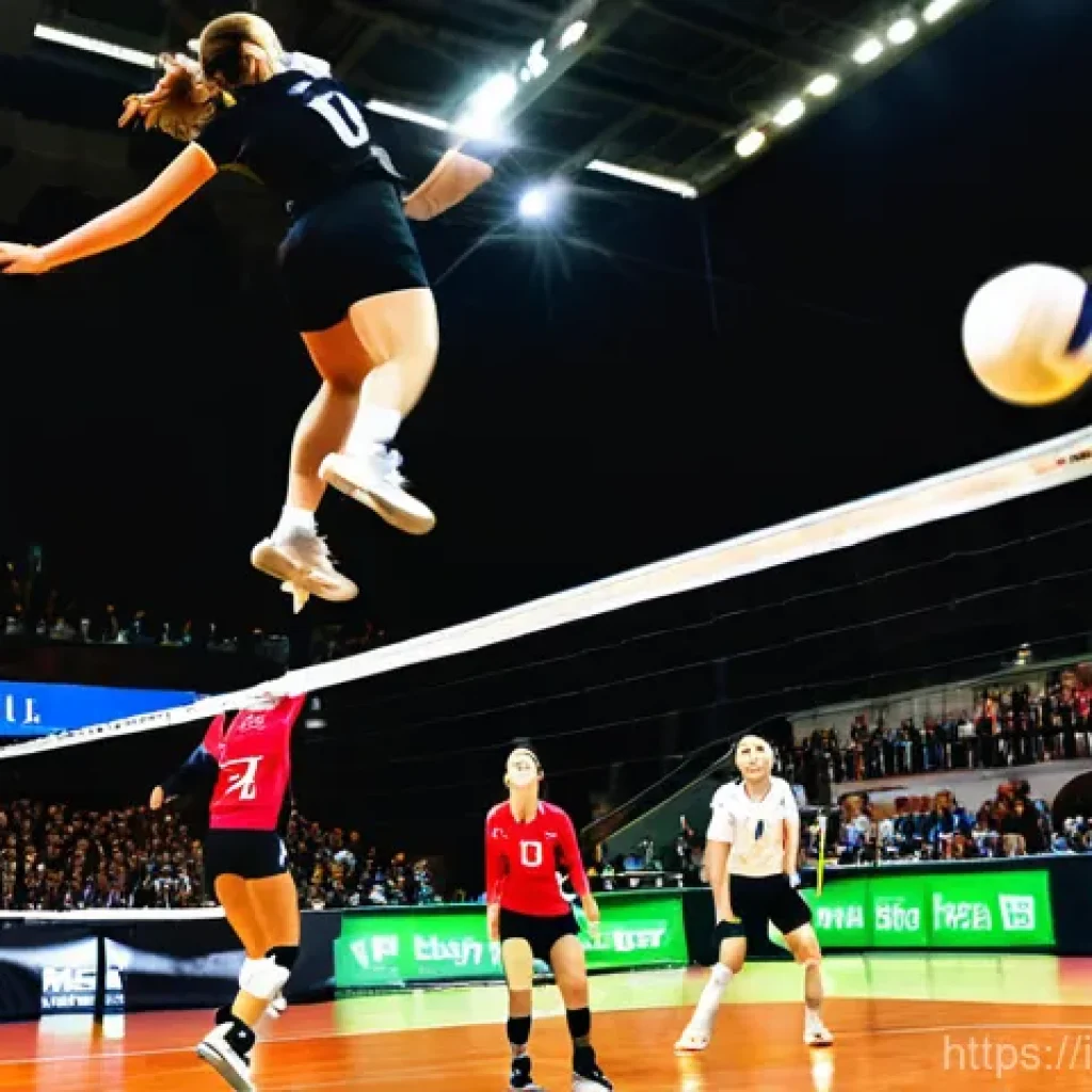 배구 경기에서의 중요한 순간 - **"High-Stakes Point-to-Point Volleyball Rally"**: A dramatic indoor volleyball scene capturing the ...