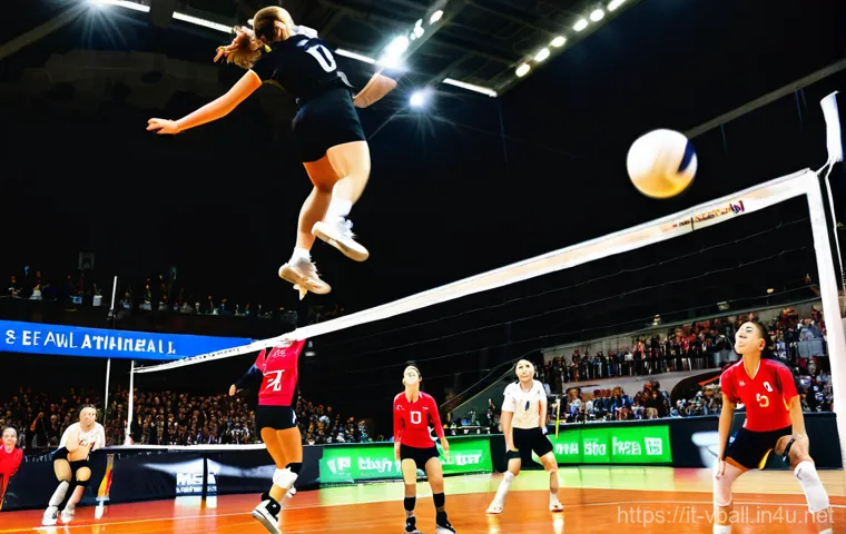 배구 경기에서의 중요한 순간 - **"High-Stakes Point-to-Point Volleyball Rally"**: A dramatic indoor volleyball scene capturing the ...