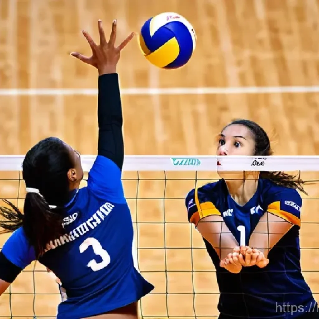 배구 경기 중 소통 스킬 - **Prompt:** A dynamic, close-up shot capturing a pivotal moment in a professional women's volleyball...