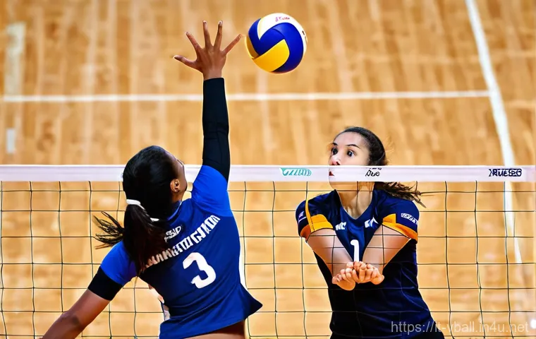 배구 경기 중 소통 스킬 - **Prompt:** A dynamic, close-up shot capturing a pivotal moment in a professional women's volleyball...
