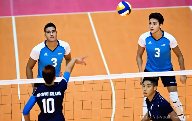배구 경기 중 소통 스킬 - **Prompt:** A dynamic, close-up shot capturing a pivotal moment in a professional women's volleyball...