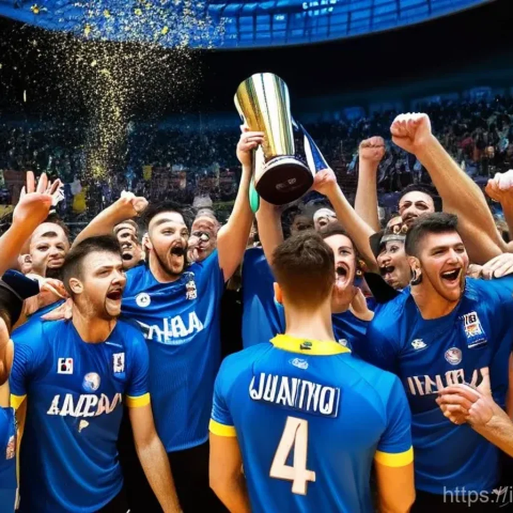 배구 해외 명문 팀 정보 - **Prompt: Itas Trentino Men's Volleyball Championship Celebration**
    A dynamic, high-angle shot c...
