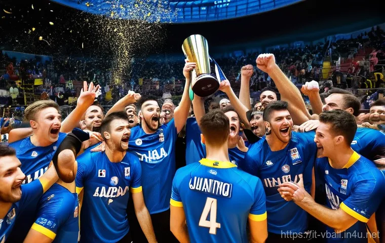 배구 해외 명문 팀 정보 - **Prompt: Itas Trentino Men's Volleyball Championship Celebration**
    A dynamic, high-angle shot c...