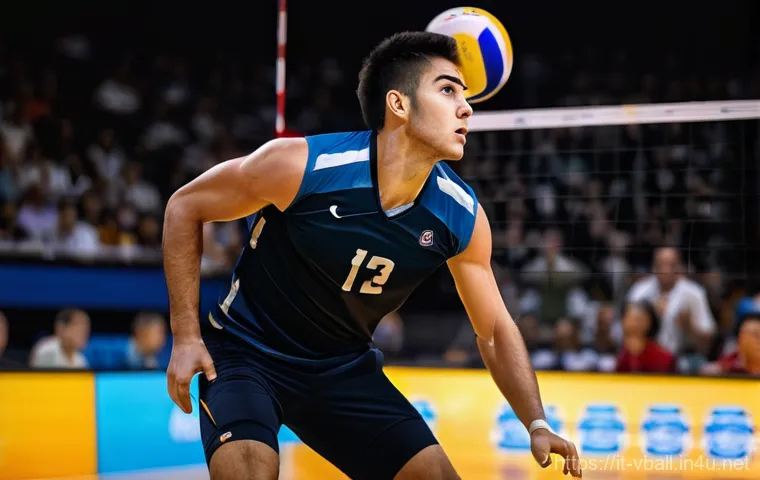 배구 공격 포지션 이해하기 - **Prompt for an Opposite Hitter:**
    "A powerful male volleyball player, an opposite hitter, mid-a...
