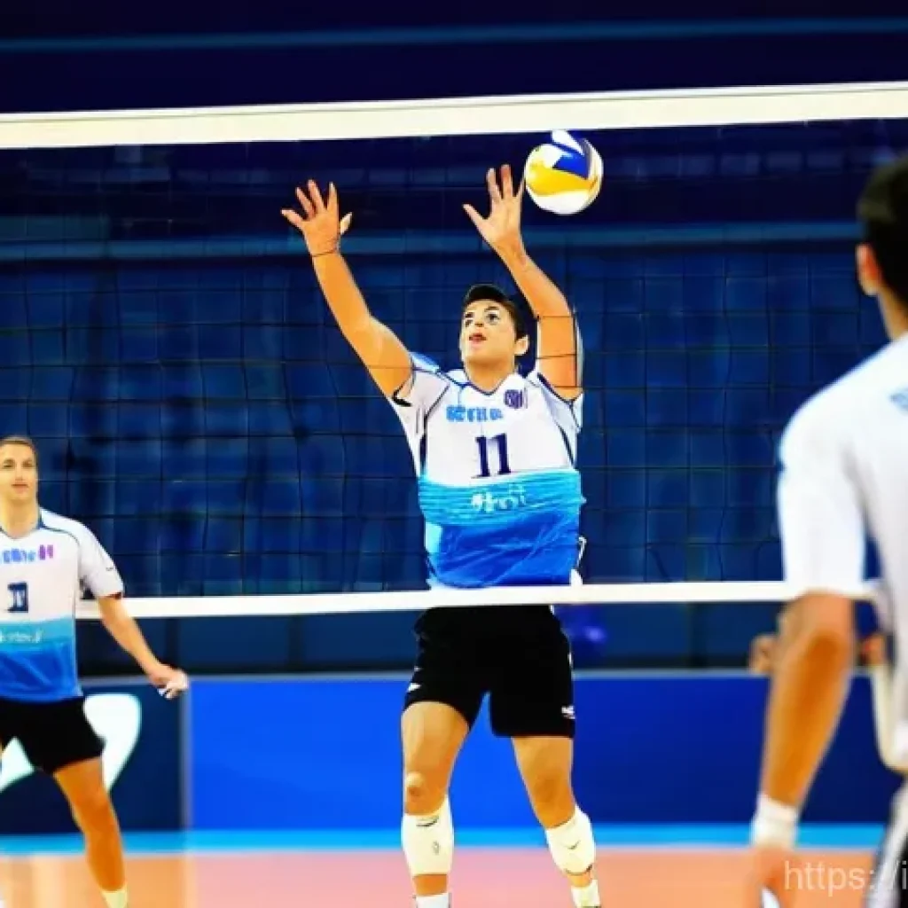 배구 초보를 위한 책 - **Prompt:** A dynamic, brightly lit indoor volleyball court during a professional match. A male voll...