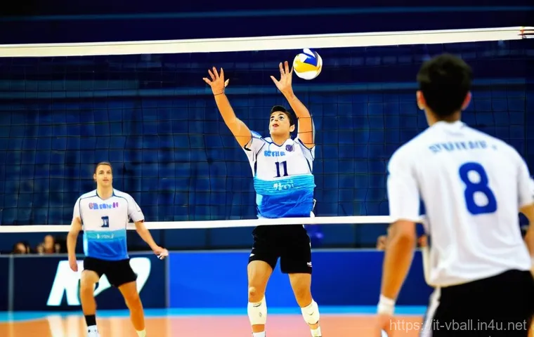 배구 초보를 위한 책 - **Prompt:** A dynamic, brightly lit indoor volleyball court during a professional match. A male voll...