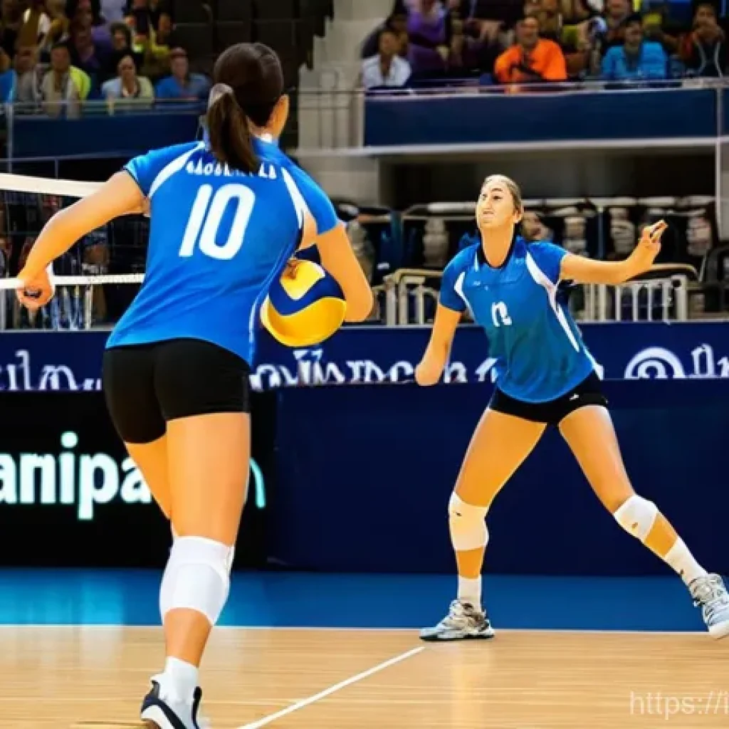 배구 경기에서의 효과적인 대화 - **Prompt:** A high-action volleyball shot focusing on non-verbal communication between a setter and ...