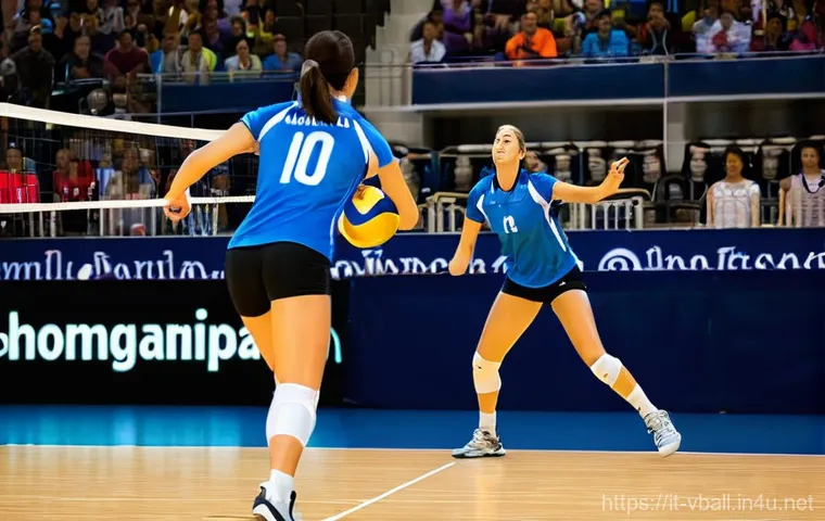 배구 경기에서의 효과적인 대화 - **Prompt:** A high-action volleyball shot focusing on non-verbal communication between a setter and ...