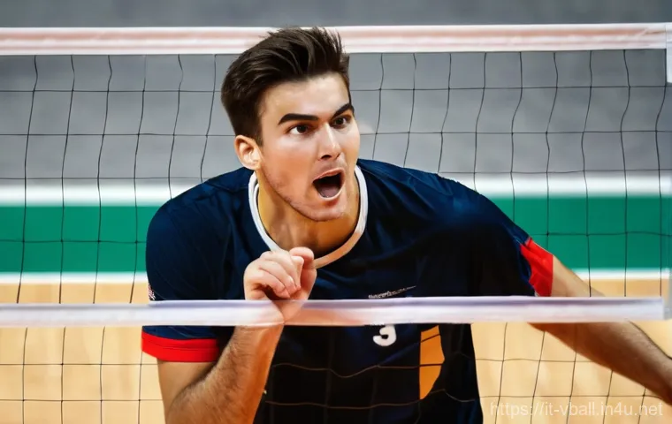배구 경기에서의 효과적인 대화 - **Prompt:** A high-action volleyball shot focusing on non-verbal communication between a setter and ...