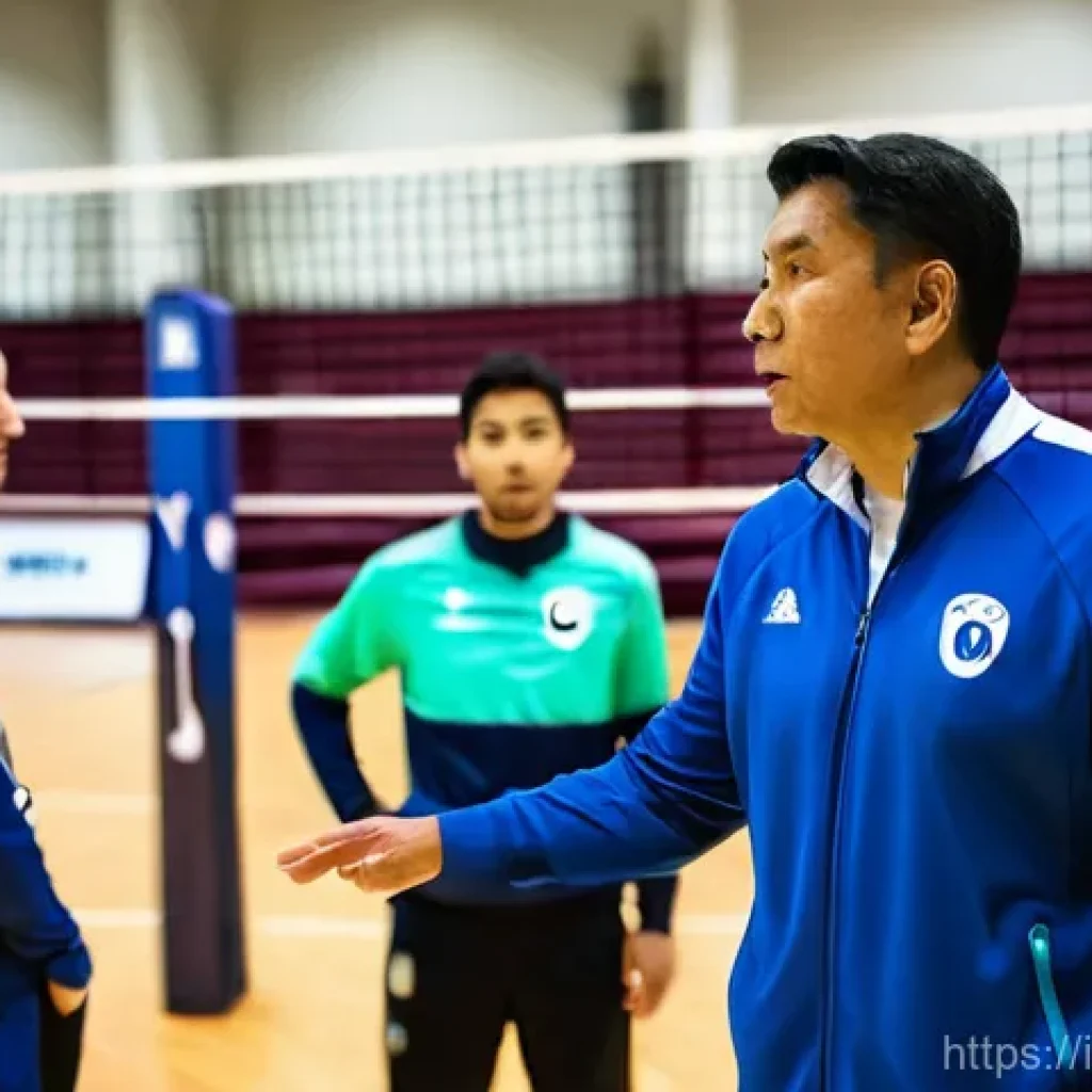 배구 경기 중 선수 교체 전략 - **Prompt:** A seasoned volleyball coach, dressed in a team tracksuit, having an intense yet encourag...