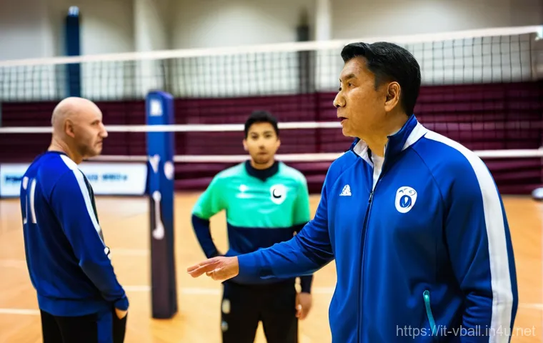 배구 경기 중 선수 교체 전략 - **Prompt:** A seasoned volleyball coach, dressed in a team tracksuit, having an intense yet encourag...