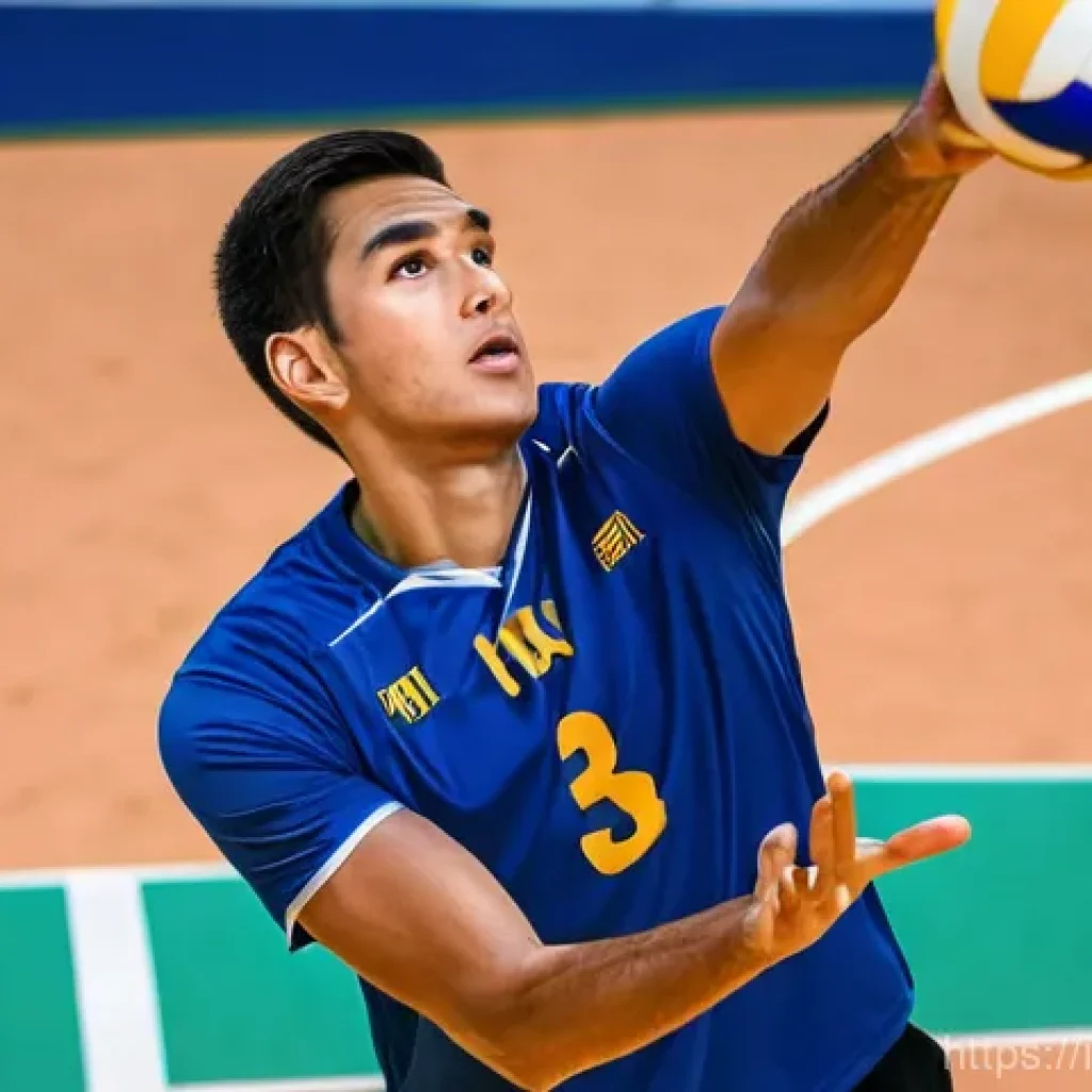 배구 경기에서의 규칙 위반 사례 - **Prompt:** A male volleyball setter, mid-action, his hands precisely positioned near the volleyball...