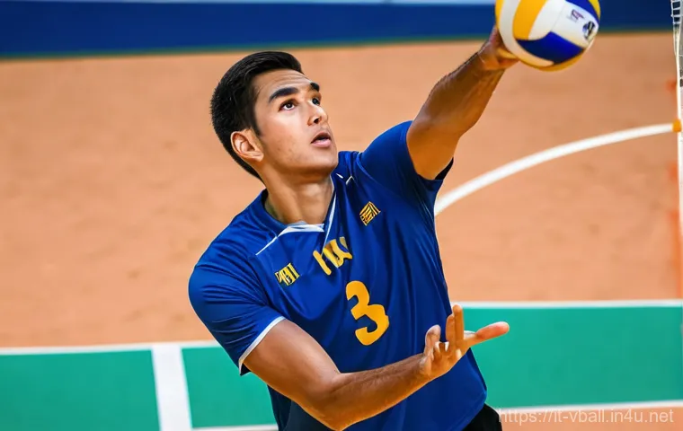 배구 경기에서의 규칙 위반 사례 - **Prompt:** A male volleyball setter, mid-action, his hands precisely positioned near the volleyball...