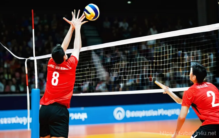 배구 경기에서의 규칙 위반 사례 - **Prompt:** A female volleyball central blocker, gracefully descending from a powerful block at the ...