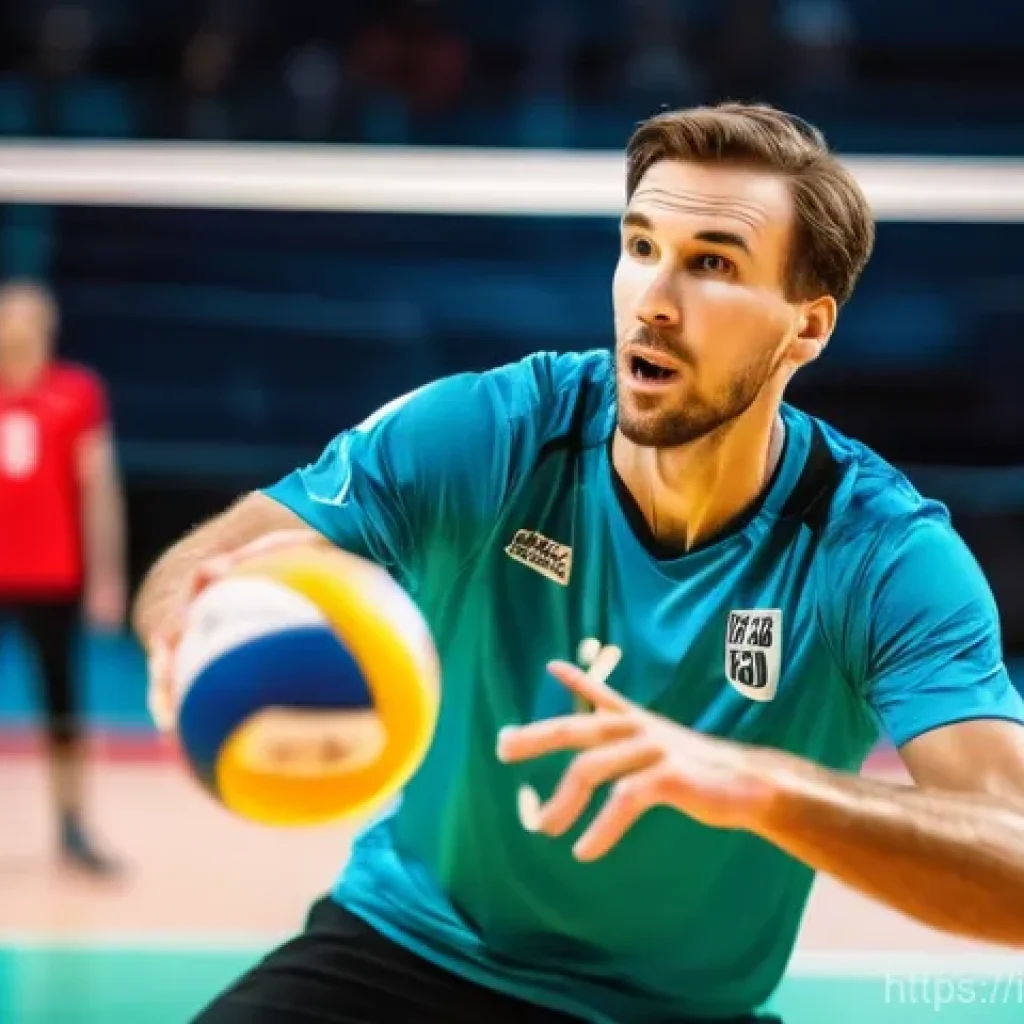 배구 용어 사전 - **"Dynamic indoor volleyball game scene, professional male setter, mid-action, expertly setting the ...