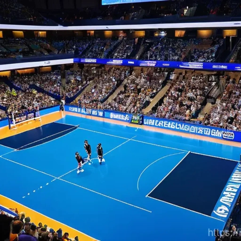 배구의 글로벌 영향 - **Indoor Volleyball Spectacle:**
    "A dynamic, wide-angle shot capturing a high-energy professiona...
