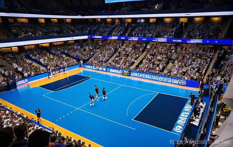 배구의 글로벌 영향 - **Indoor Volleyball Spectacle:**
"A dynamic, wide-angle shot capturing a high-energy professiona...