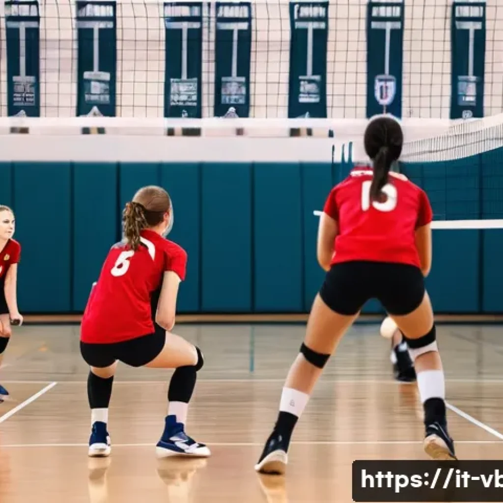 배구 초보용 장비 세트 - **A group of young female volleyball players (around 16 years old) practicing on an indoor court. Th...