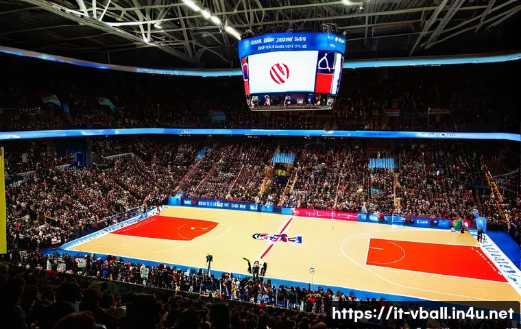 배구 경기에서의 응원 문구 - **Prompt 1: Panoramic Arena Choreography**
    A vibrant, panoramic shot of a packed indoor volleyba...