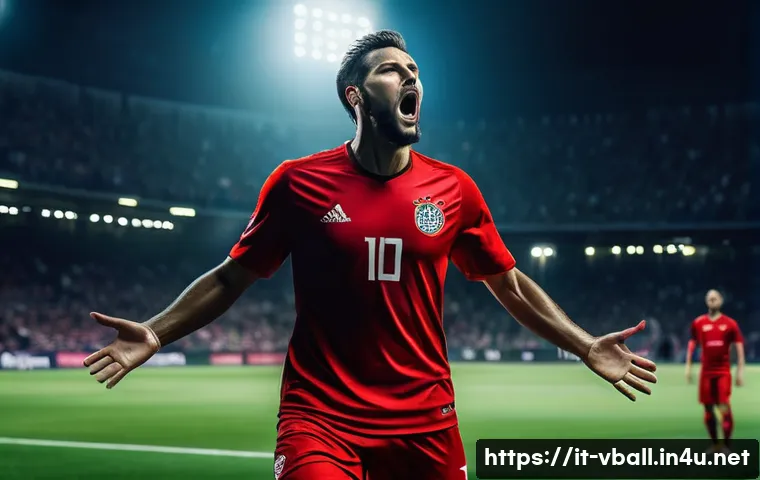 배구 경기에서의 심리적 압박 - A professional soccer player on the field during a tense match moment, wearing full team uniform and...
