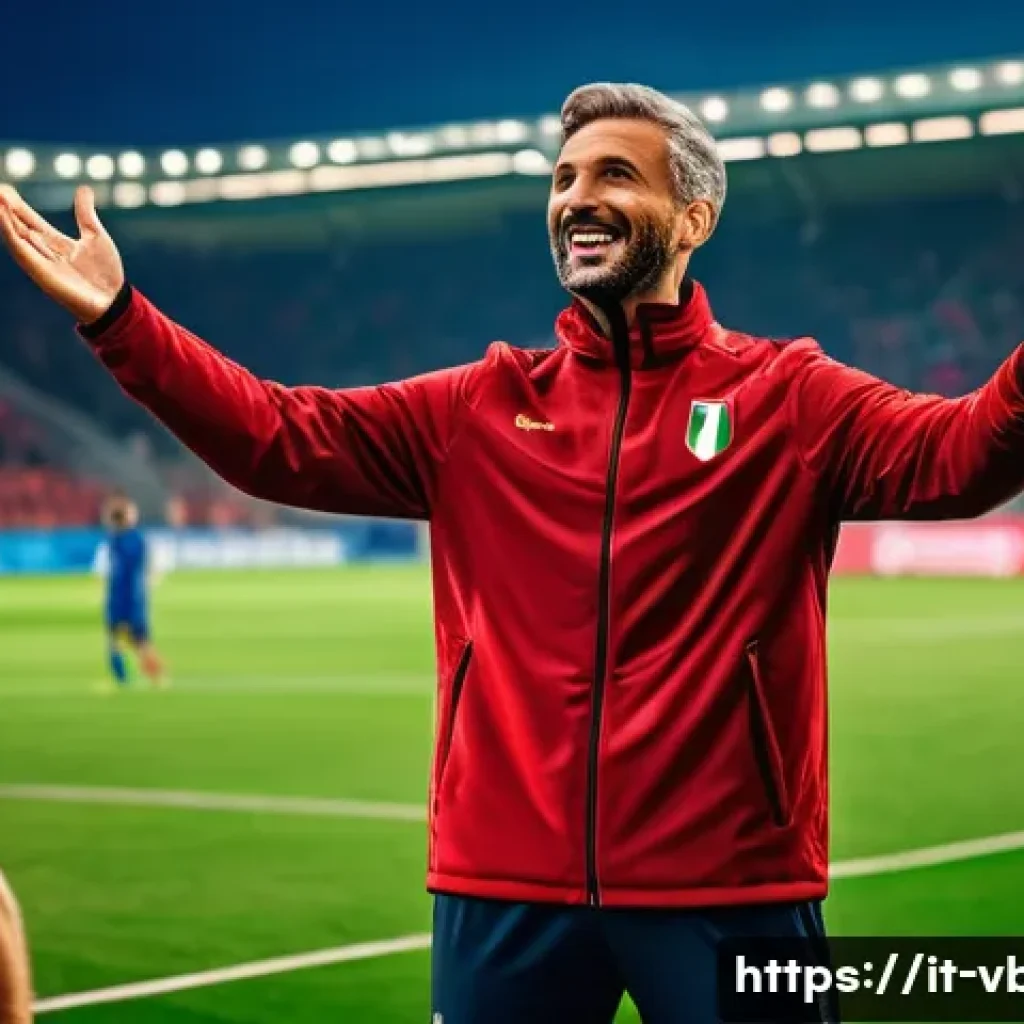 배구 경기 후 피드백 방법 - A professional soccer coach in an Italian stadium setting, warmly thanking and motivating a diverse ...