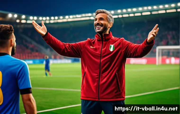 배구 경기 후 피드백 방법 - A professional soccer coach in an Italian stadium setting, warmly thanking and motivating a diverse ...