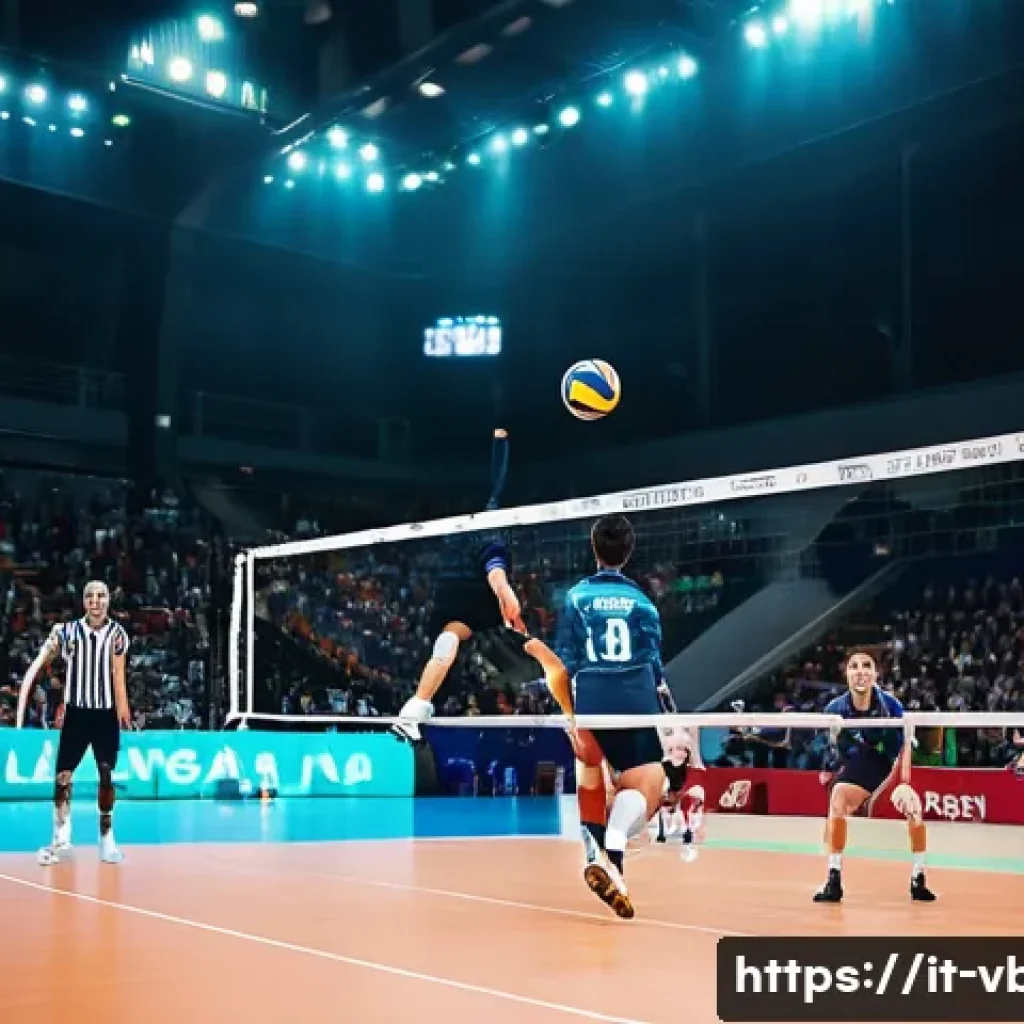 배구 경기에서의 주요 포지션 - A dynamic volleyball scene focusing on a libero in action behind the three-meter line, wearing a dis...