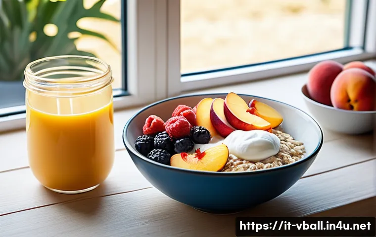 배구 선수들의 루틴 - A professional volleyball player&rsquo;s nutritious breakfast scene in a bright Italian kitchen, featuring...