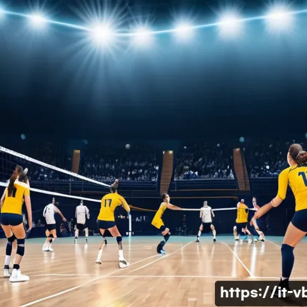배구의 규칙적 발전 - A dynamic volleyball match scene featuring two professional teams in action on a modern indoor court...