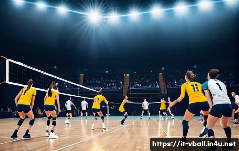 배구의 규칙적 발전 - A dynamic volleyball match scene featuring two professional teams in action on a modern indoor court...