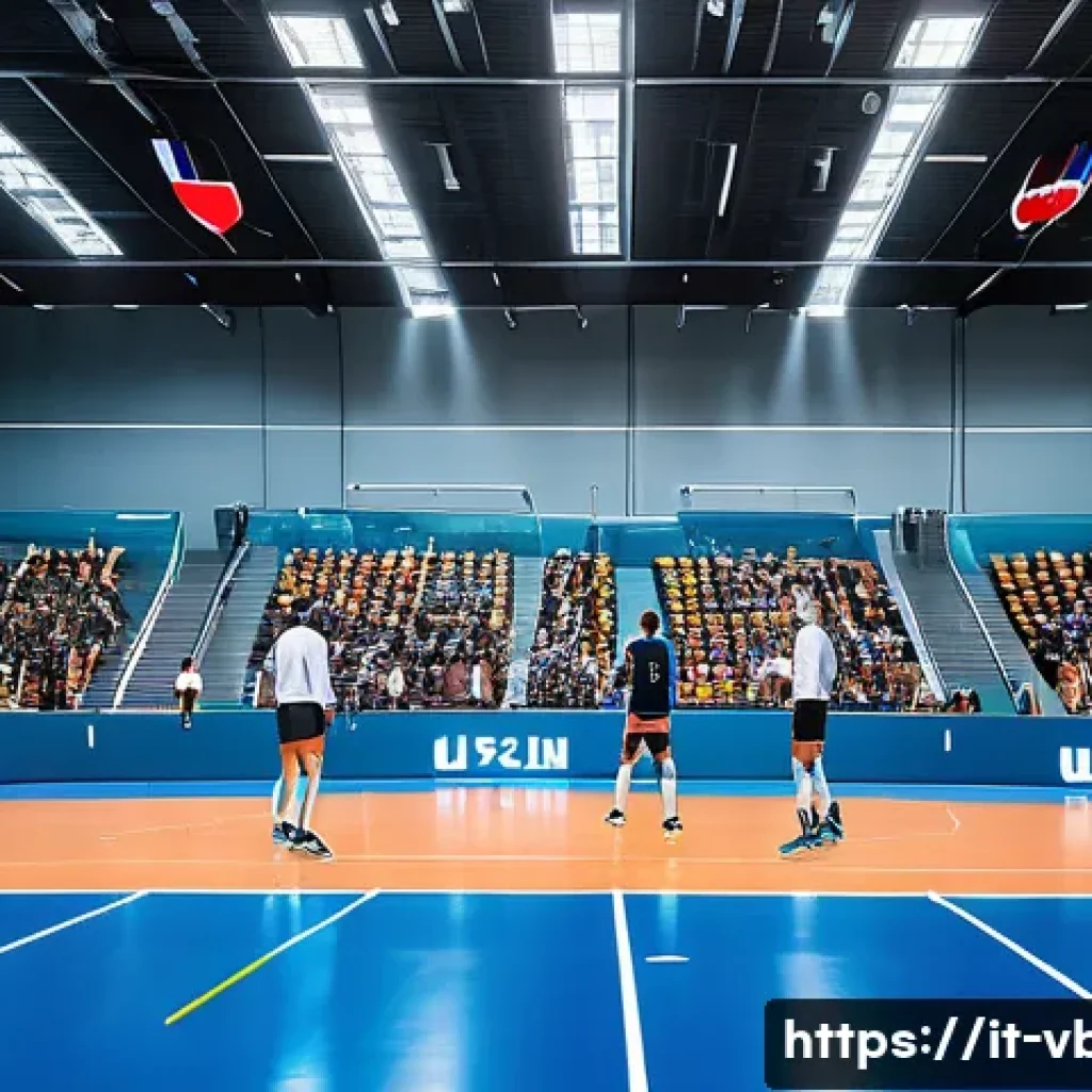 배구 경기에서의 혁신적 변화 - A high-tech volleyball training session in an Italian indoor sports arena, featuring coaches and pla...