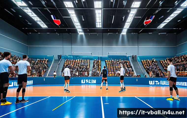 배구 경기에서의 혁신적 변화 - A high-tech volleyball training session in an Italian indoor sports arena, featuring coaches and pla...