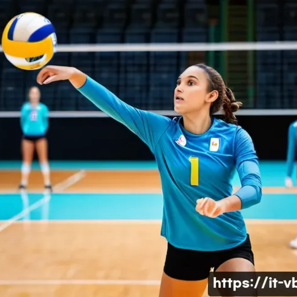 배구의 주요 기술 용어 - A dynamic volleyball match scene set in a modern Italian indoor sports arena, featuring a female pla...