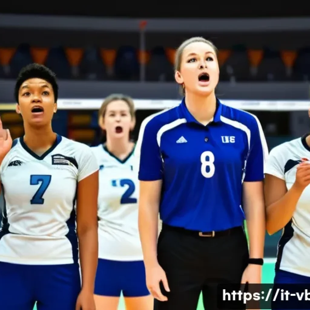 배구 경기 중 흔한 반칙 - A dynamic volleyball match scene focusing on a team during a service rotation error: players positio...