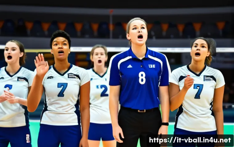 배구 경기 중 흔한 반칙 - A dynamic volleyball match scene focusing on a team during a service rotation error: players positio...