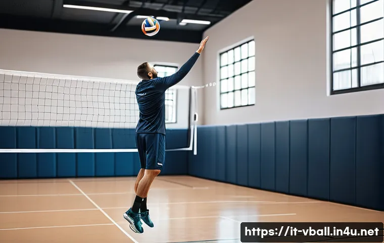 배구 경기 일정을 맞추는 팁 - A focused volleyball training session inside a modern indoor gym, featuring an adult male athlete in...