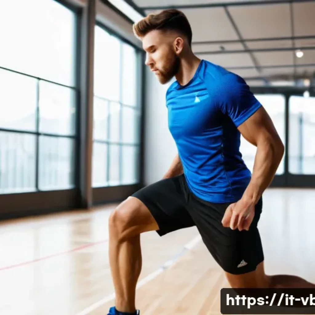 배구 훈련 시 유의사항 - A detailed scene of a volleyball player performing a full warm-up routine in an indoor gym, wearing ...