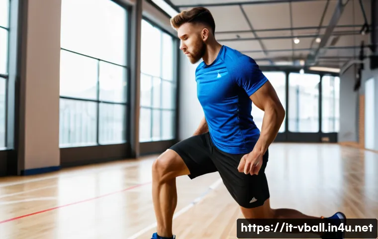 배구 훈련 시 유의사항 - A detailed scene of a volleyball player performing a full warm-up routine in an indoor gym, wearing ...