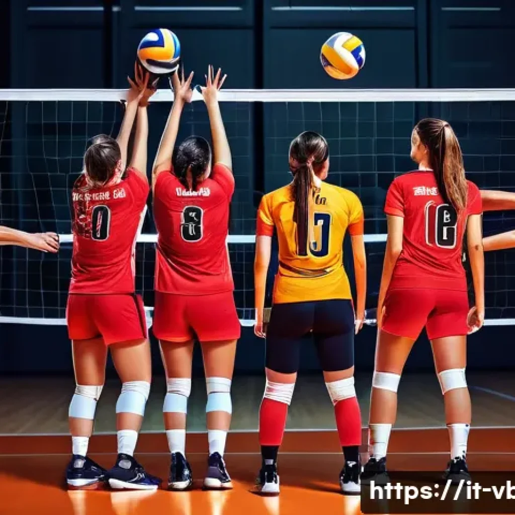 배구 포스터 디자인 아이디어 - A dynamic volleyball match poster featuring a high-energy scene of players in mid-air jump and block...