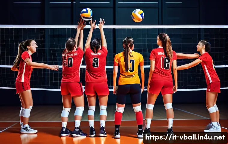 배구 포스터 디자인 아이디어 - A dynamic volleyball match poster featuring a high-energy scene of players in mid-air jump and block...