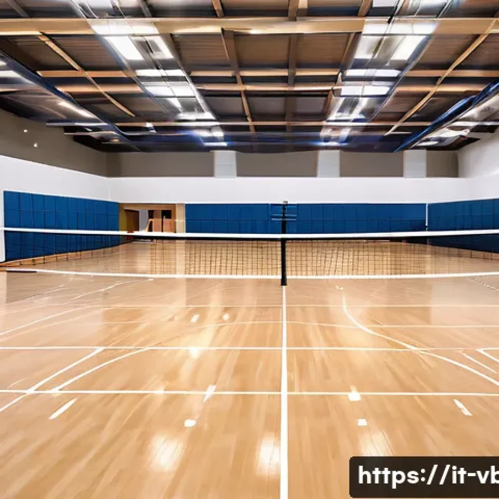 배구 교실 찾는 법 - A modern indoor volleyball gym with bright, clean, and spacious courts featuring polished wooden flo...